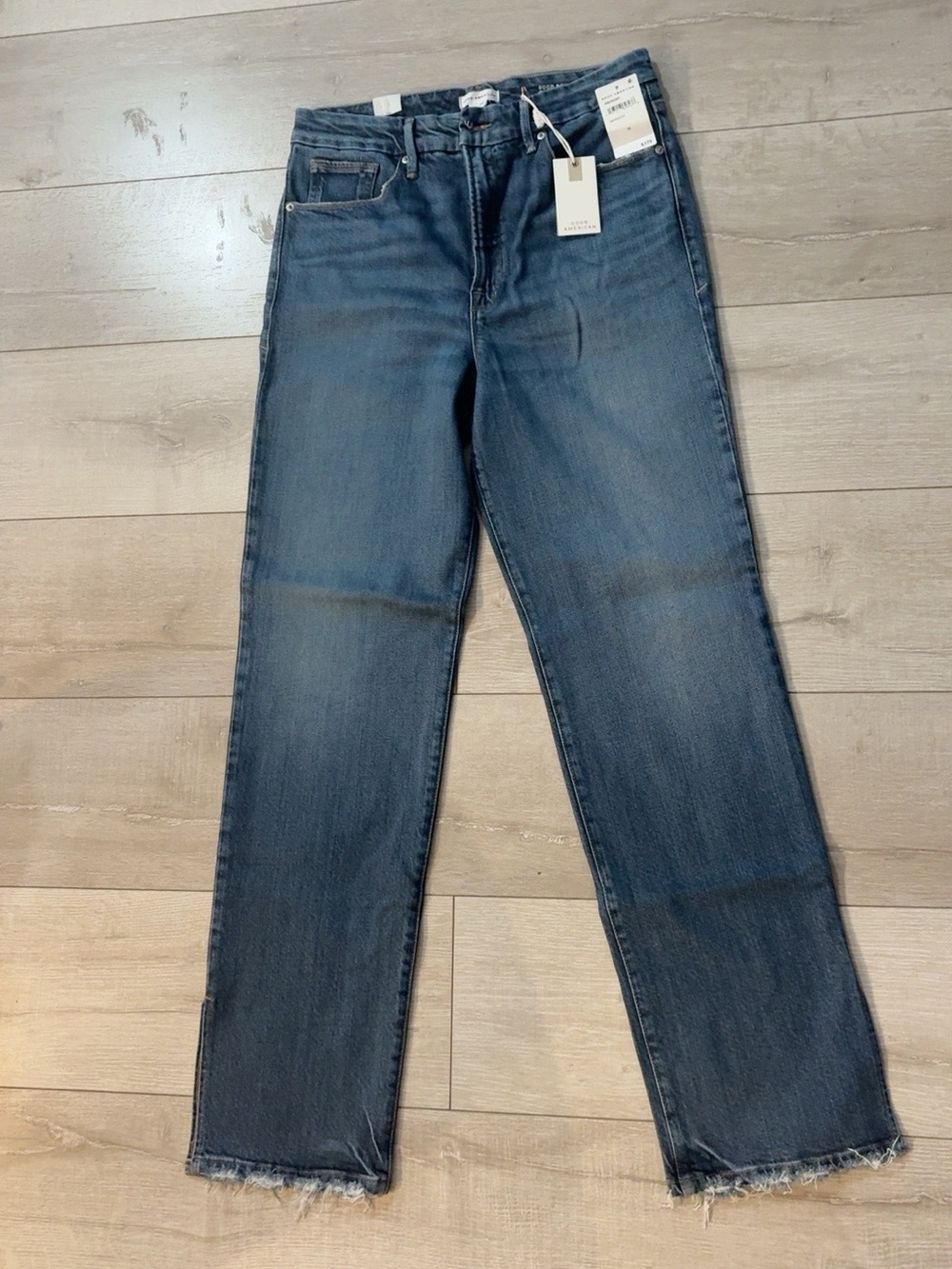 NWT Good American Good Boy Straight Jeans 10/30 Indigo Raw Split Hem $179